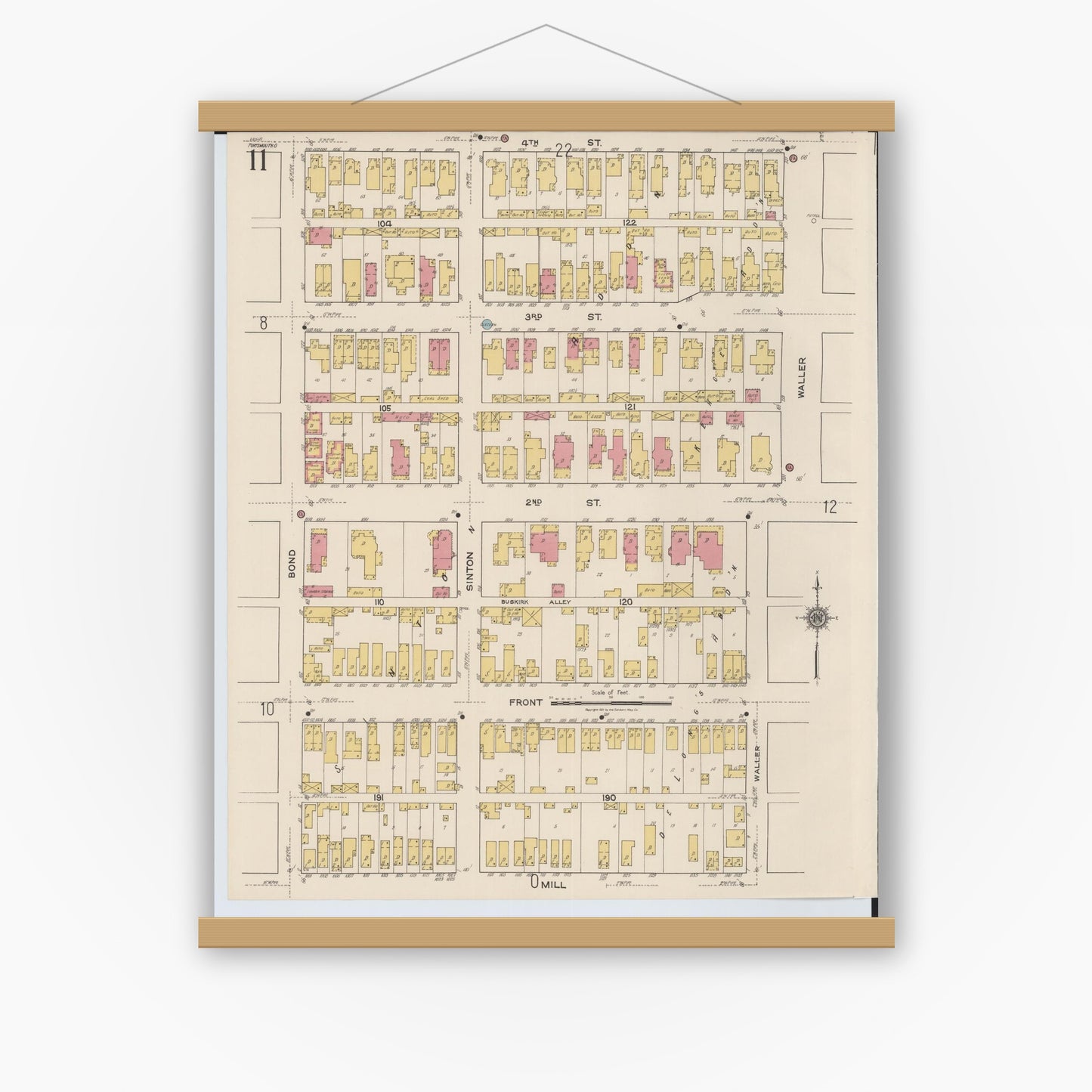 Old map wall art mockup — magnetic wood frame on white wall — Sanborn Fire Insurance Map from Portsmouth, Scioto County, Ohio (1921), Sheet #0011