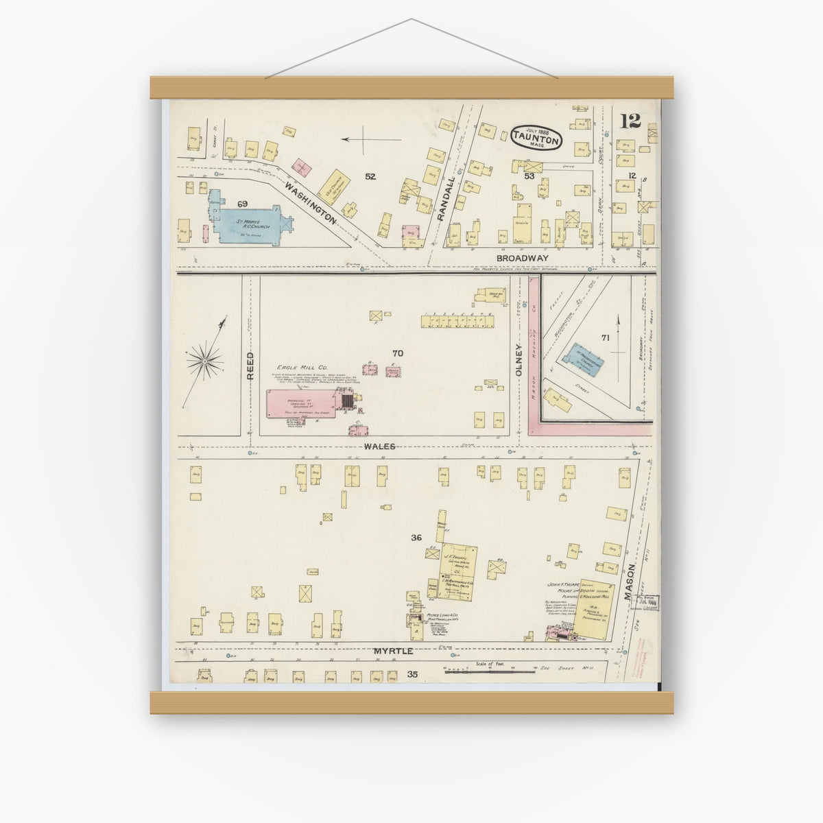 Old map wall art mockup — magnetic wood frame on white wall — Sanborn Fire Insurance Map from Taunton, Bristol County, Massachusetts (1888), Sheet #0012