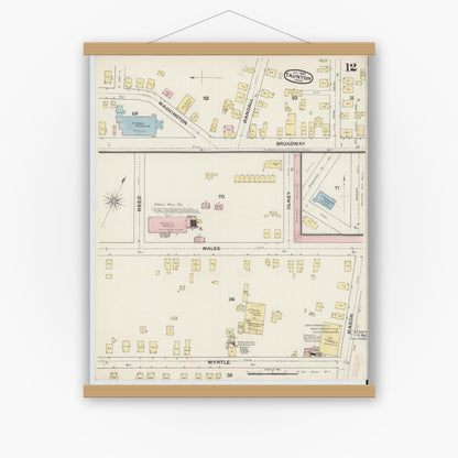 Old map wall art mockup — magnetic wood frame on white wall — Sanborn Fire Insurance Map from Taunton, Bristol County, Massachusetts (1888), Sheet #0012