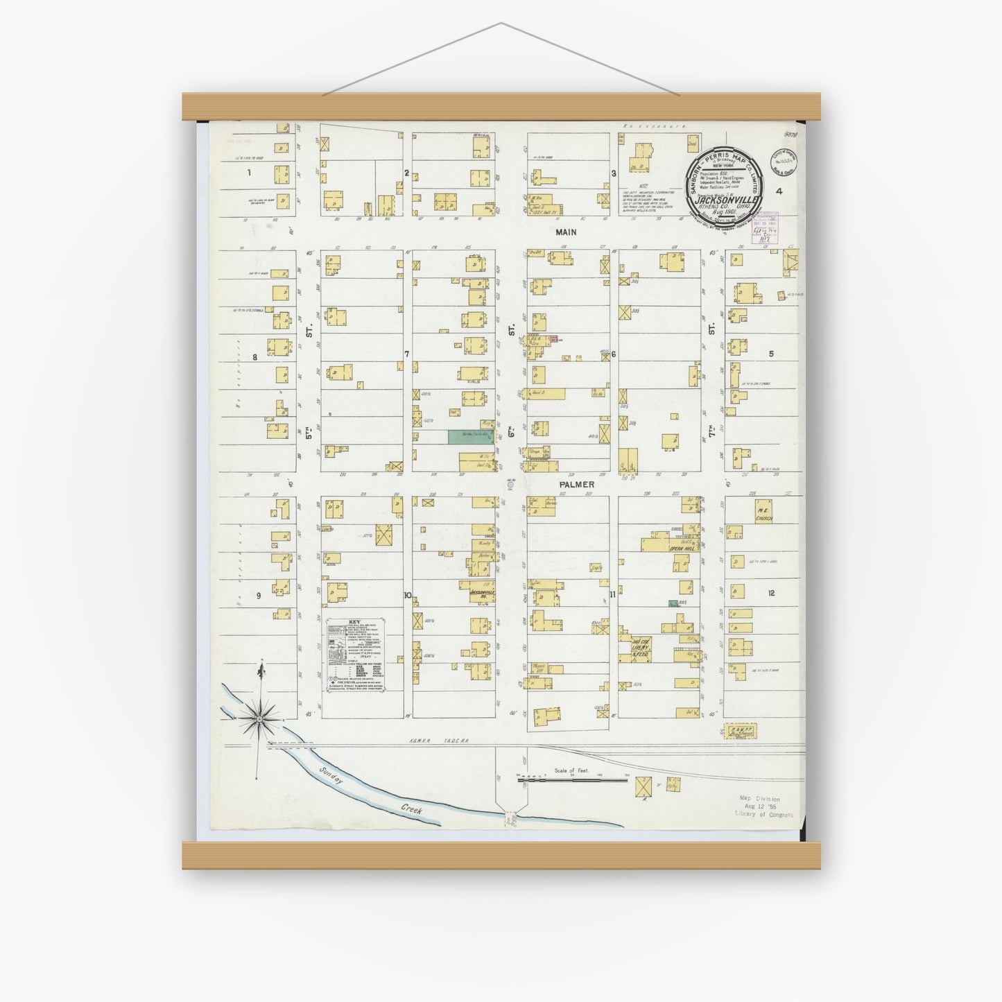 Old map wall art mockup — magnetic wood frame on white wall — Sanborn Fire Insurance Map from Jacksonville, Athens County, Ohio (1901), Sheet #0001