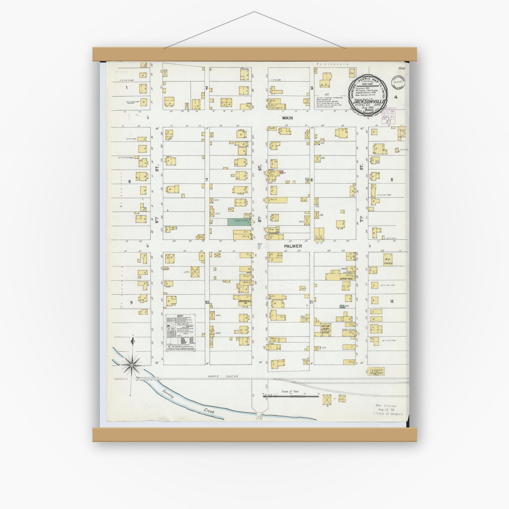 Old map wall art mockup — magnetic wood frame on white wall — Sanborn Fire Insurance Map from Jacksonville, Athens County, Ohio (1901), Sheet #0001
