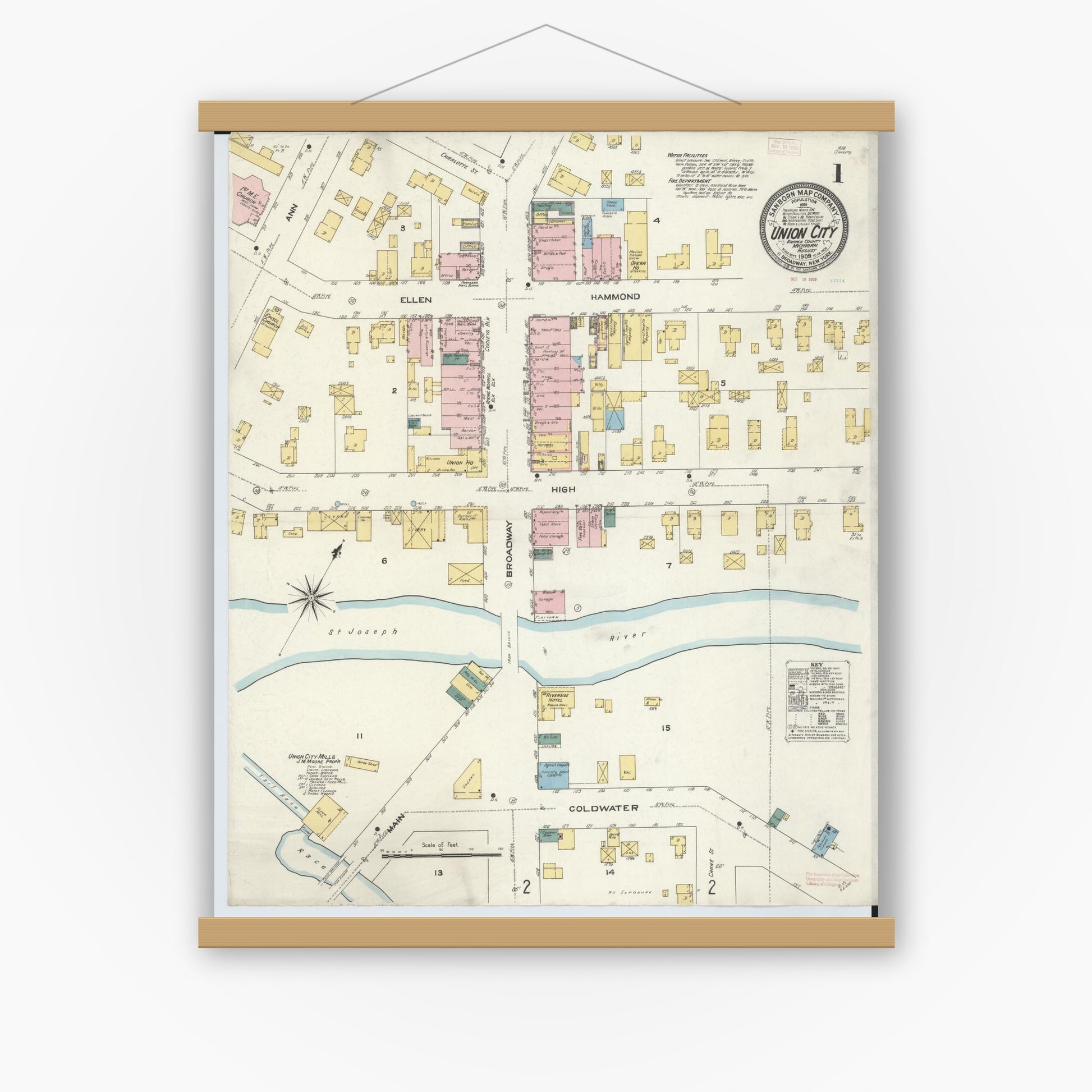 Old map wall art mockup — magnetic wood frame on white wall — Sanborn Fire Insurance Map from Union City, Branch And Calhoun Counties, Michigan (1909), Sheet #0001