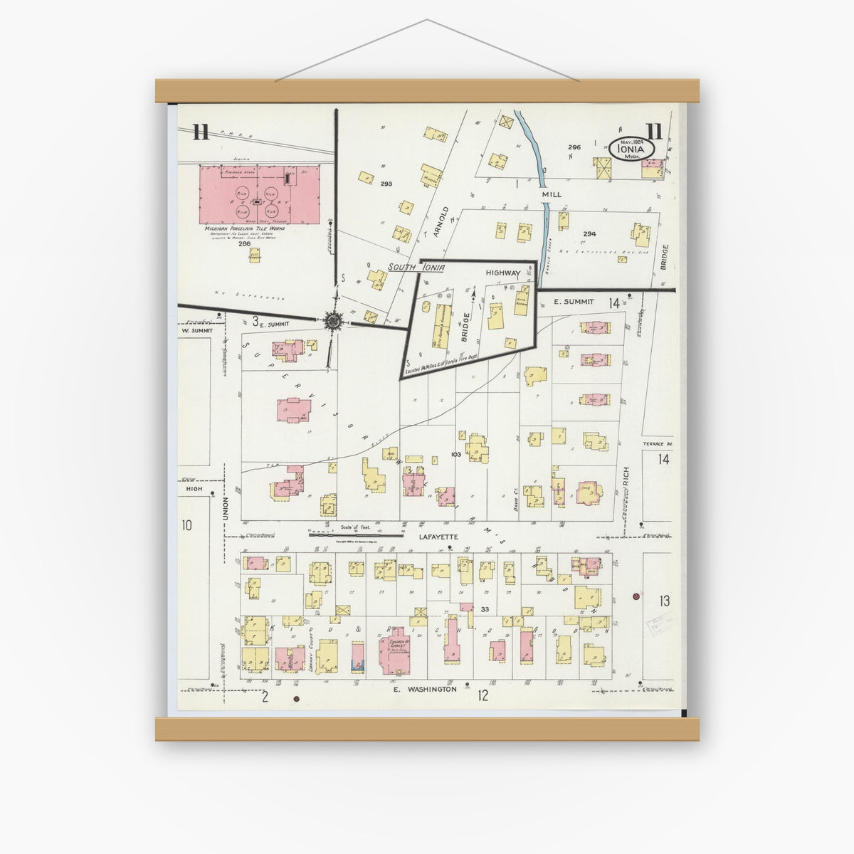 Old map wall art mockup — magnetic wood frame on white wall — Sanborn Fire Insurance Map from Ionia, Ionia County, Michigan (1924), Sheet #0011
