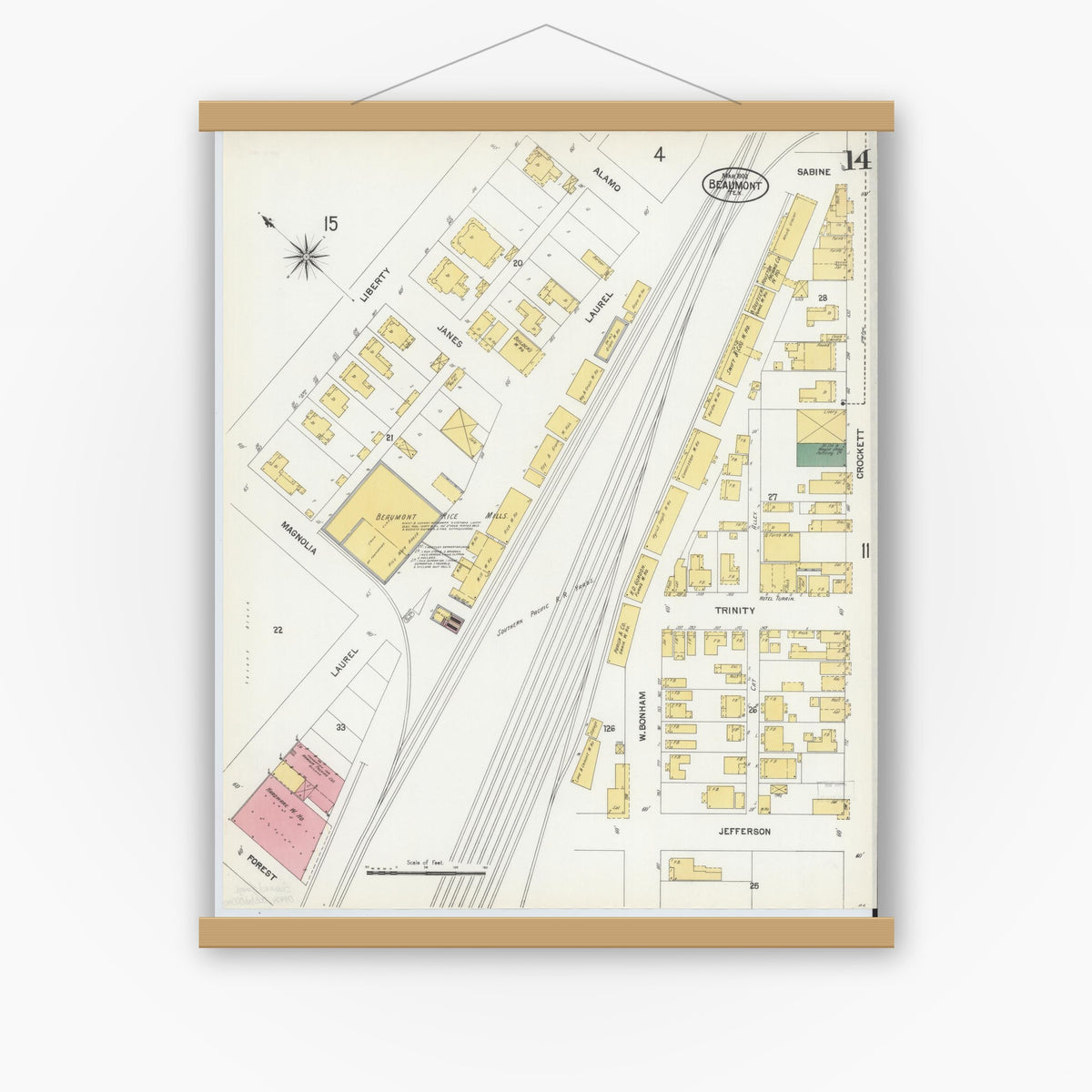 Old map wall art mockup — magnetic wood frame on white wall — Sanborn Fire Insurance Map from Beaumont, Jefferson County, Texas (1902), Sheet #0014