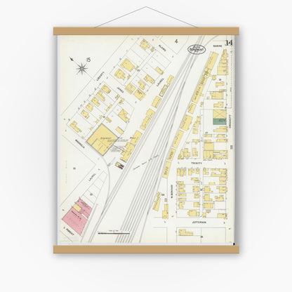 Old map wall art mockup — magnetic wood frame on white wall — Sanborn Fire Insurance Map from Beaumont, Jefferson County, Texas (1902), Sheet #0014