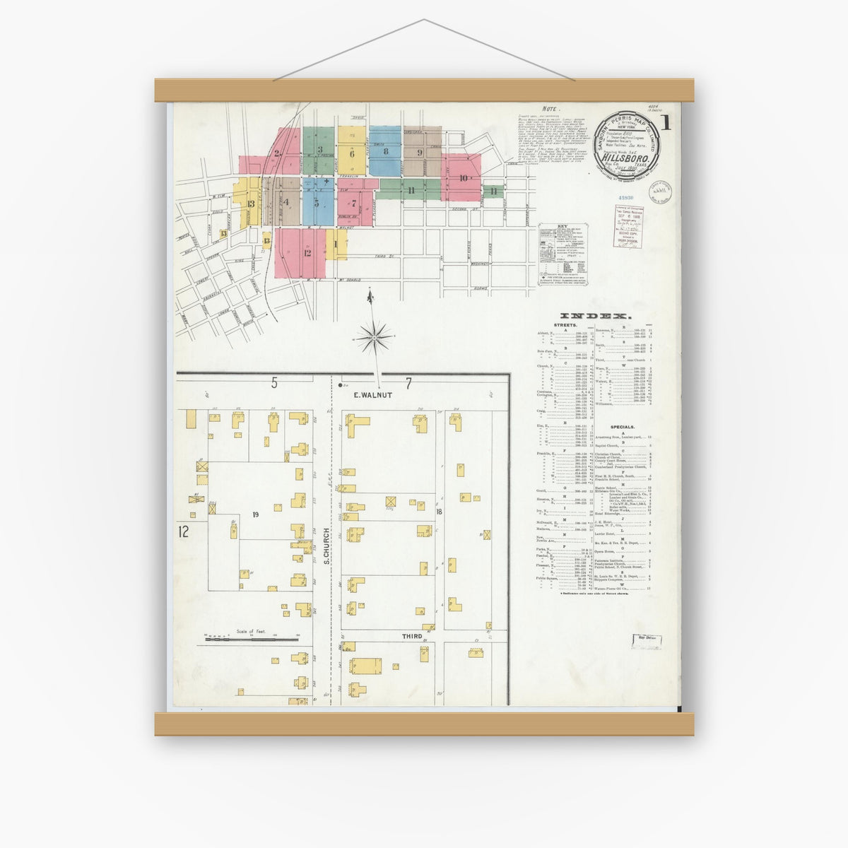 Old map wall art mockup — magnetic wood frame on white wall — Sanborn Fire Insurance Map from Hillsboro, Hill County, Texas (1900) - Complete Map Set