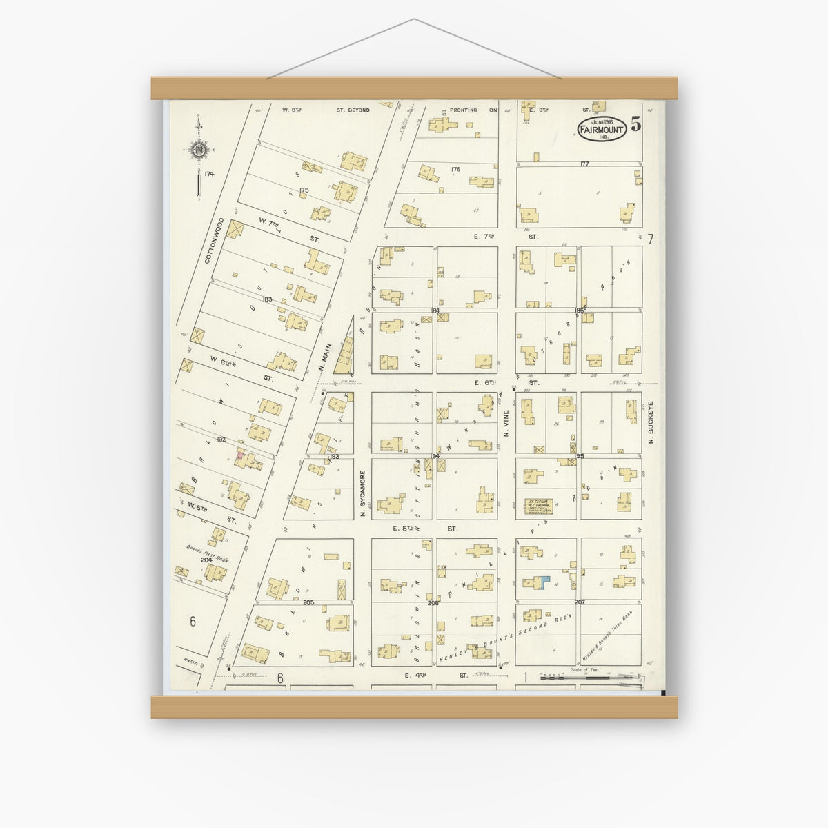 Old map wall art mockup — magnetic wood frame on white wall — Sanborn Fire Insurance Map from Fairmount, Grant County, Indiana (1916), Sheet #0005