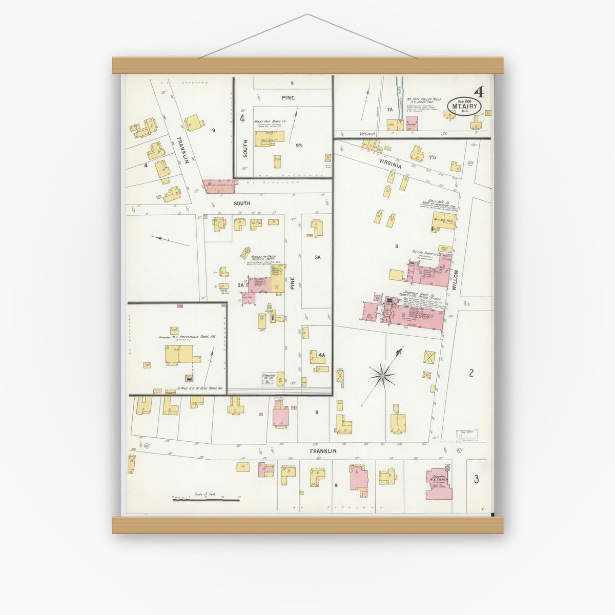 Old map wall art mockup — magnetic wood frame on white wall — Sanborn Fire Insurance Map from Mount Airy, Surry County, North Carolina (1900), Sheet #0004