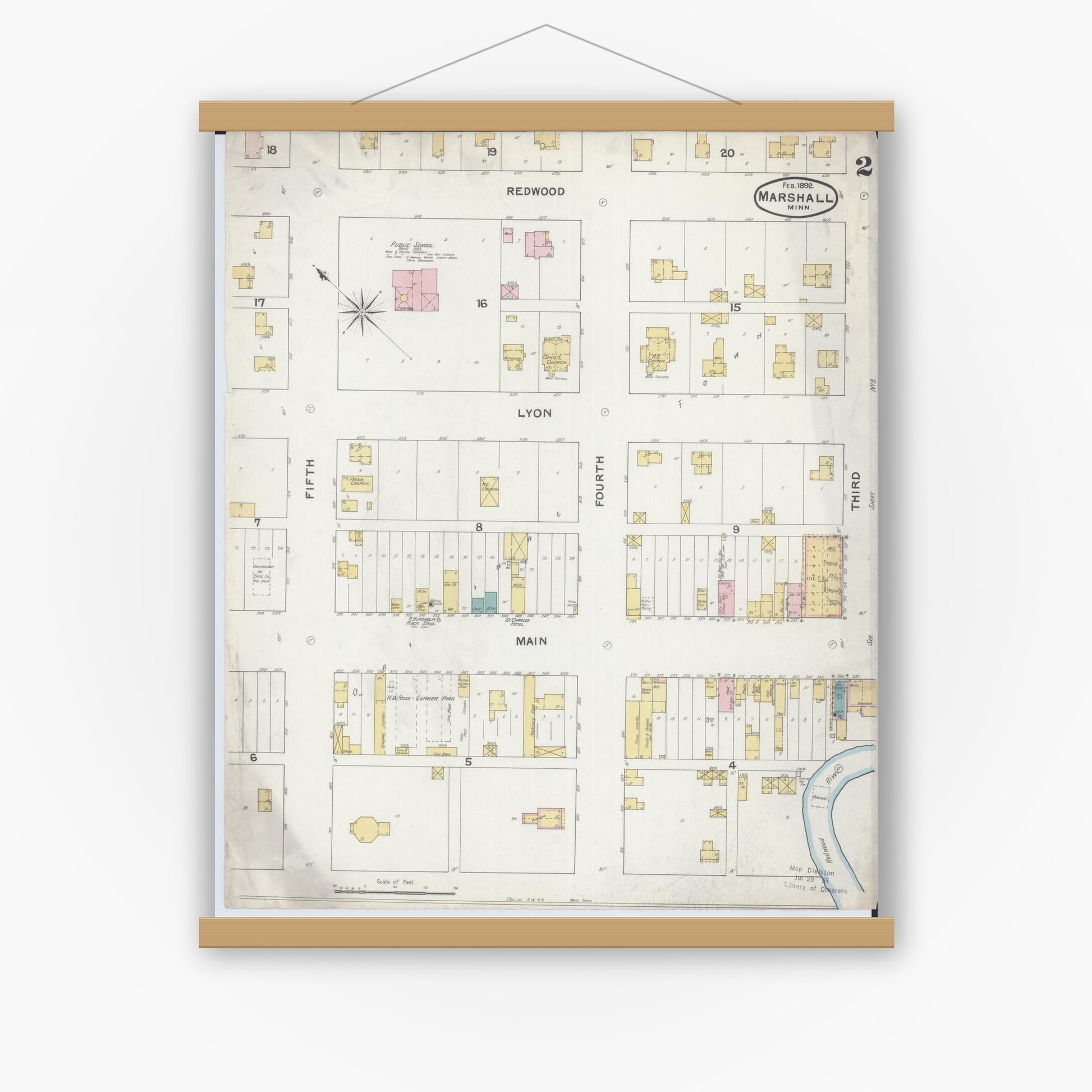 Old map wall art mockup — magnetic wood frame on white wall — Sanborn Fire Insurance Map from Marshall, Lyon County, Minnesota (1892), Sheet #0002