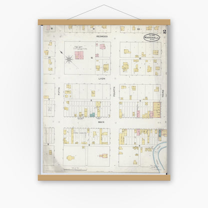 Old map wall art mockup — magnetic wood frame on white wall — Sanborn Fire Insurance Map from Marshall, Lyon County, Minnesota (1892), Sheet #0002