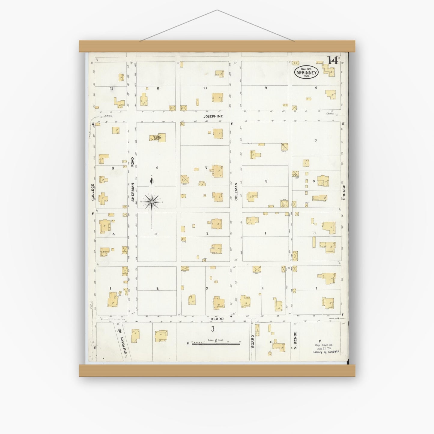 Old map wall art mockup — magnetic wood frame on white wall — Sanborn Fire Insurance Map from McKinney, Collin County, Texas (1908), Sheet #0014