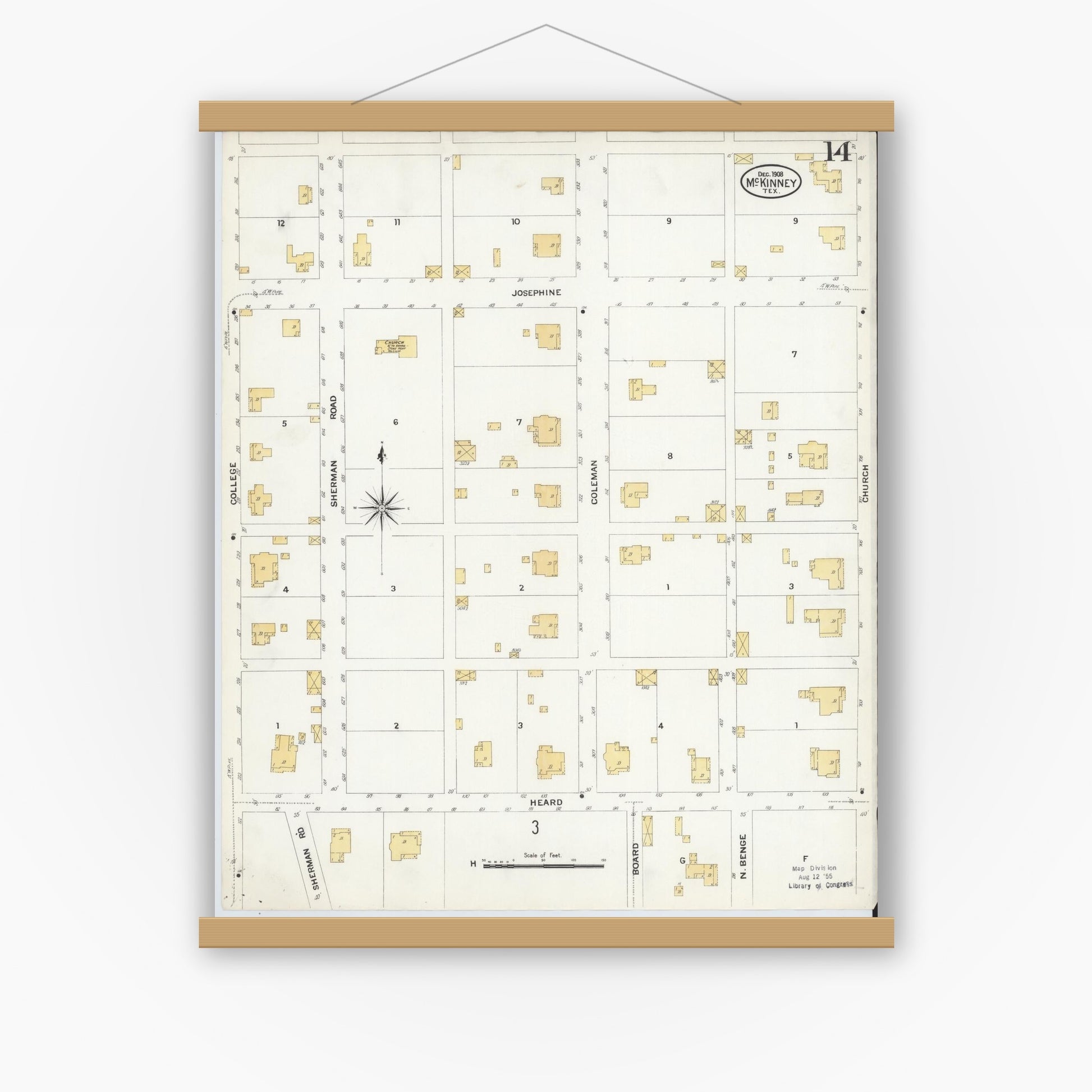 Old map wall art mockup — magnetic wood frame on white wall — Sanborn Fire Insurance Map from McKinney, Collin County, Texas (1908), Sheet #0014