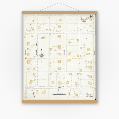 Old map wall art mockup — magnetic wood frame on white wall — Sanborn Fire Insurance Map from McKinney, Collin County, Texas (1908), Sheet #0014