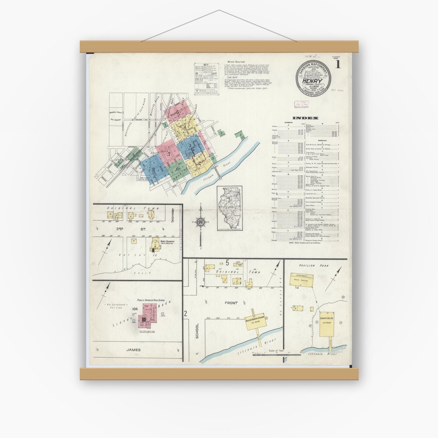 Old map wall art mockup — magnetic wood frame on white wall — Sanborn Fire Insurance Map from Henry, Marshall County, Illinois (1913), Sheet #0001