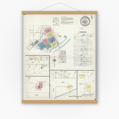 Old map wall art mockup — magnetic wood frame on white wall — Sanborn Fire Insurance Map from Henry, Marshall County, Illinois (1913), Sheet #0001