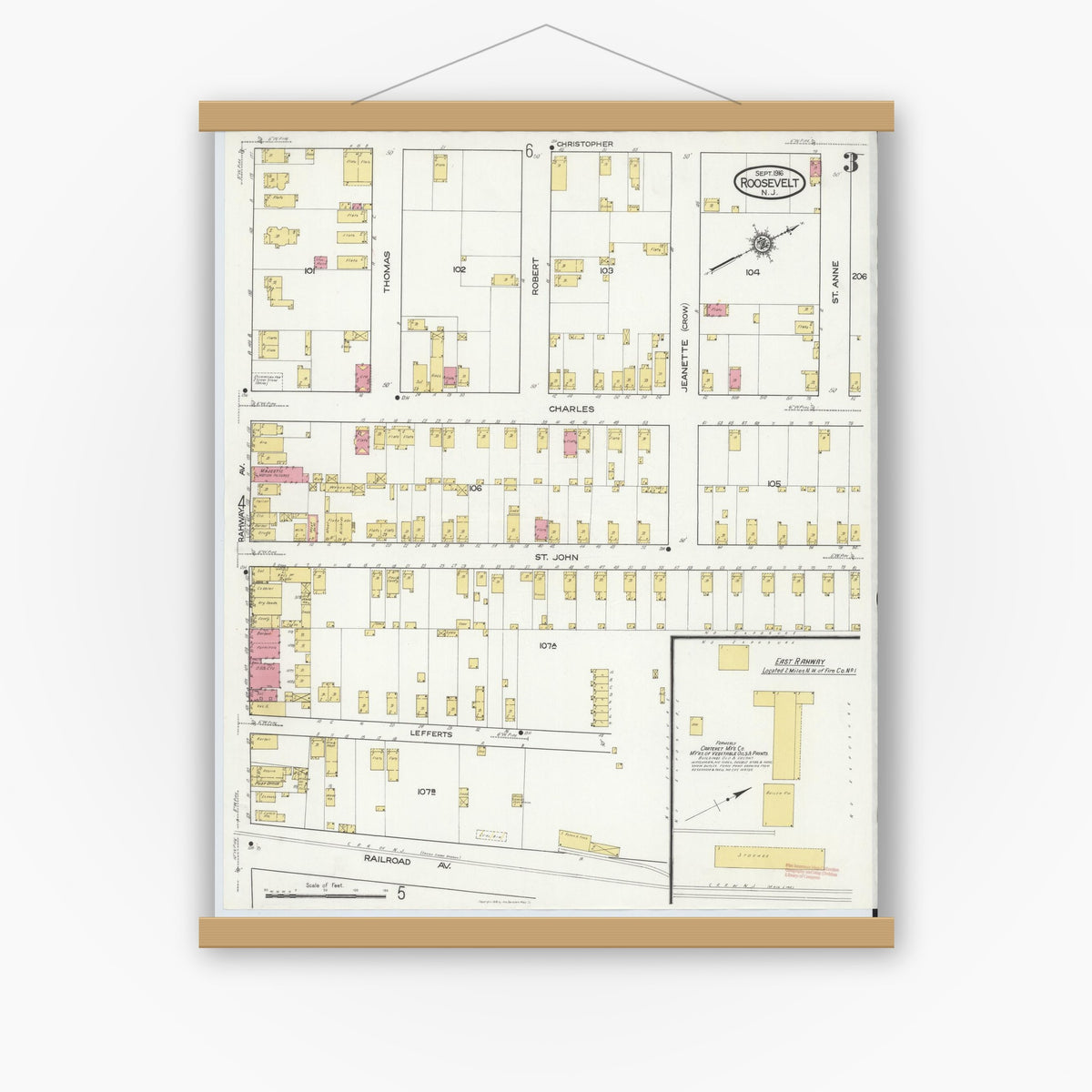 Old map wall art mockup — magnetic wood frame on white wall — Sanborn Fire Insurance Map from Roosevelt, Middlesex County, New Jersey (1916), Sheet #0003