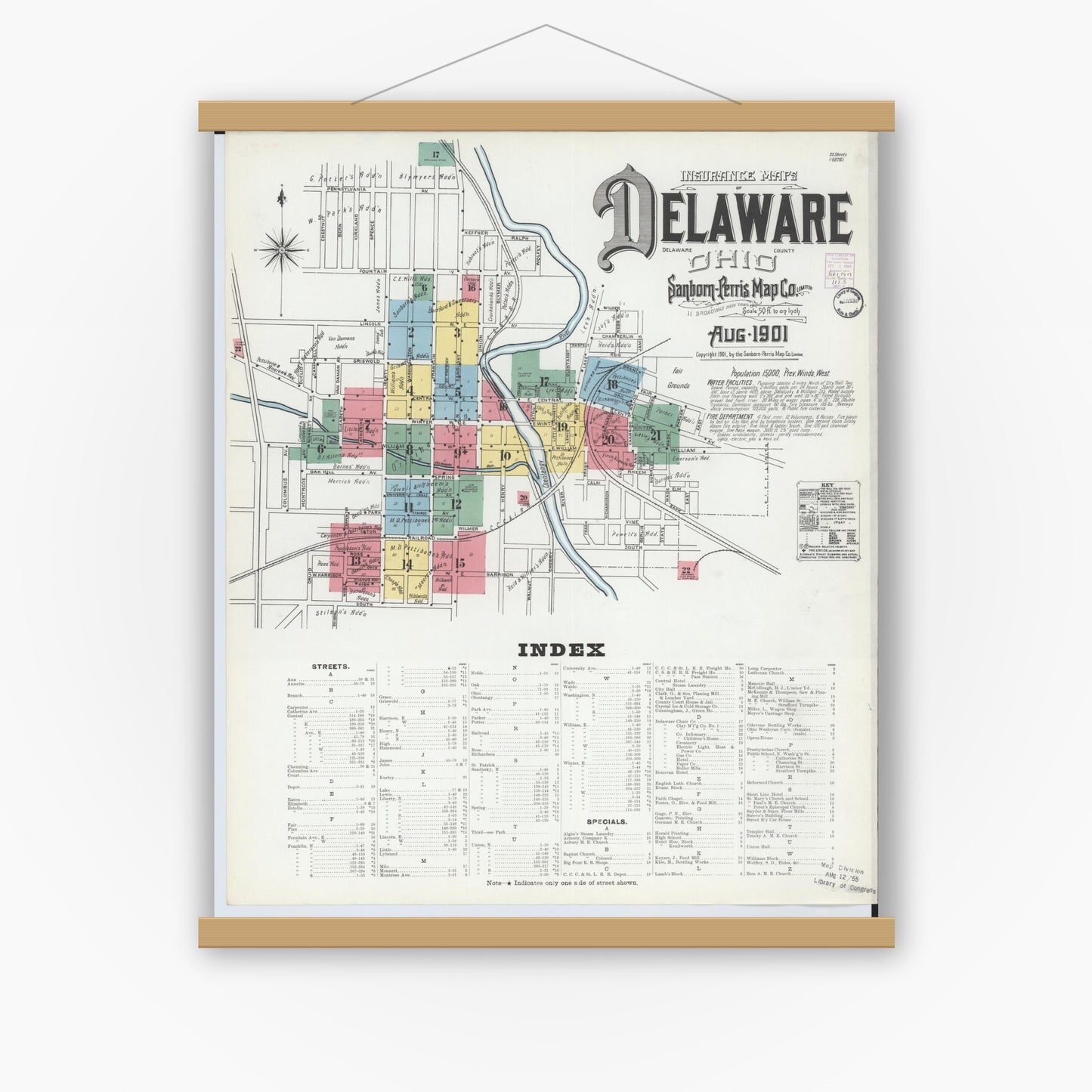 Old map wall art mockup — magnetic wood frame on white wall — Sanborn Fire Insurance Map from Delaware, Delaware County, Ohio (1901), Sheet #0001
