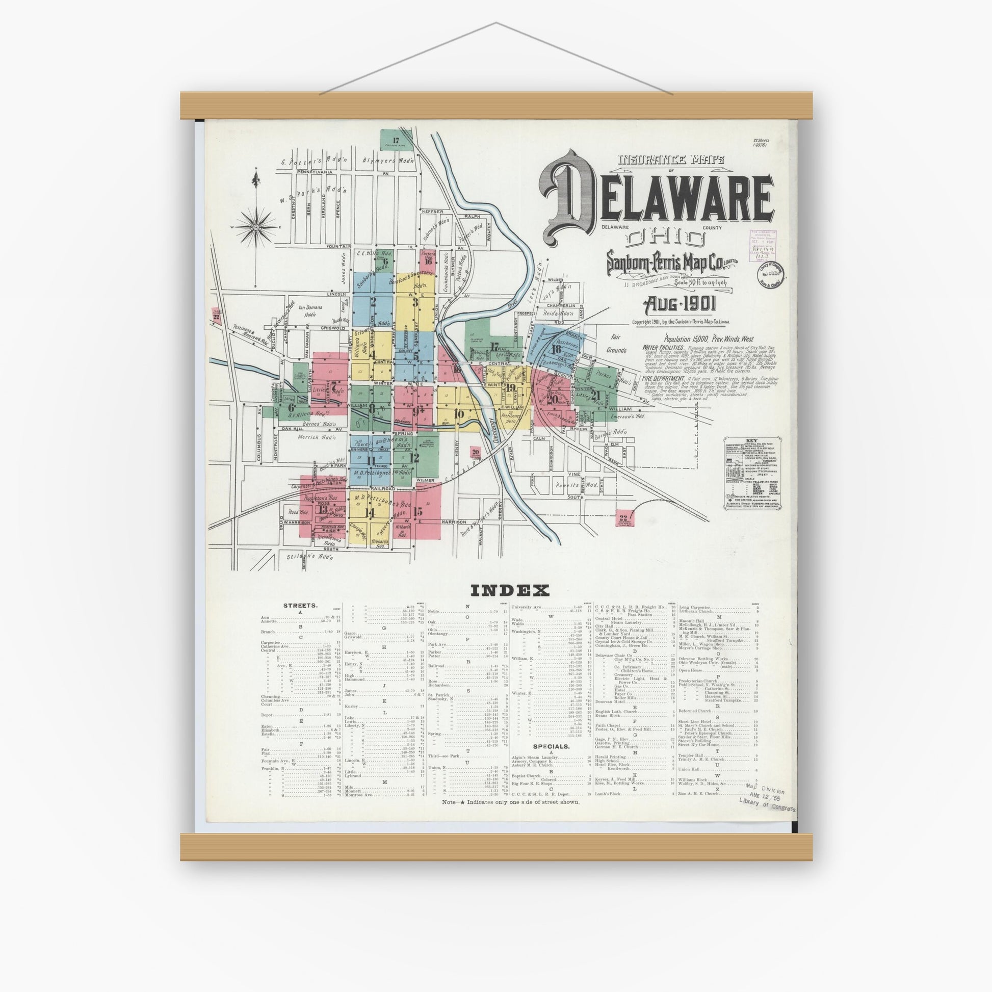 Old map wall art mockup — magnetic wood frame on white wall — Sanborn Fire Insurance Map from Delaware, Delaware County, Ohio (1901), Sheet #0001