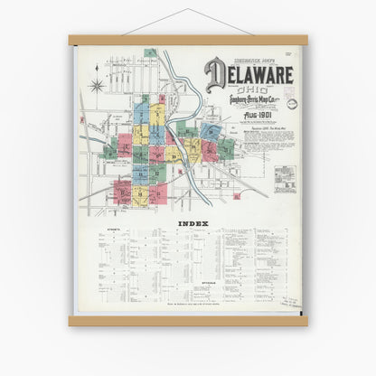 Old map wall art mockup — magnetic wood frame on white wall — Sanborn Fire Insurance Map from Delaware, Delaware County, Ohio (1901), Sheet #0001