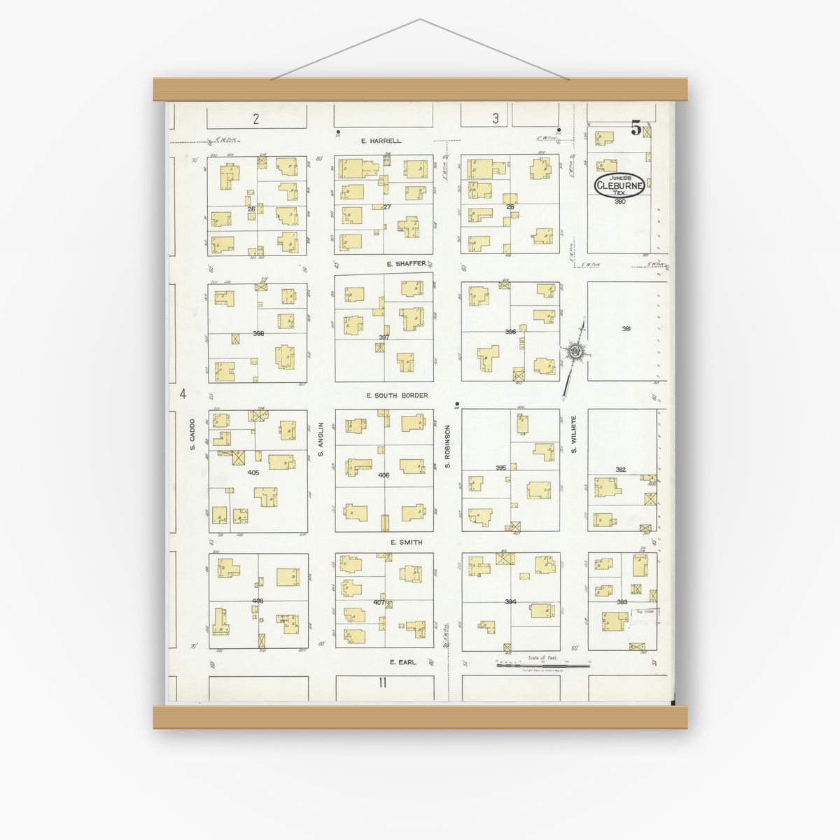 Old map wall art mockup — magnetic wood frame on white wall — Sanborn Fire Insurance Map from Cleburne, Johnson County, Texas (1918), Sheet #0005