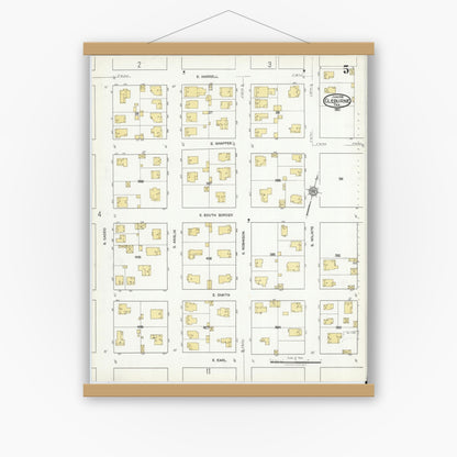 Old map wall art mockup — magnetic wood frame on white wall — Sanborn Fire Insurance Map from Cleburne, Johnson County, Texas (1918), Sheet #0005