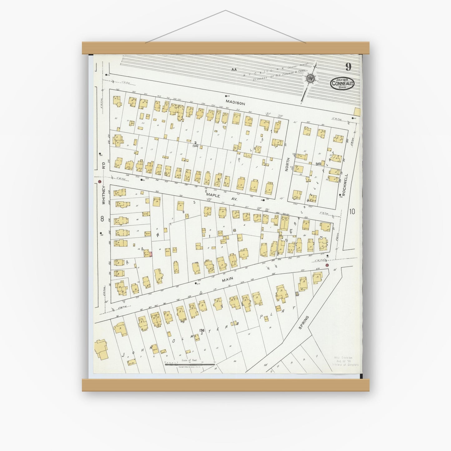 Old map wall art mockup — magnetic wood frame on white wall — Sanborn Fire Insurance Map from Conneaut, Ashtabula County, Ohio (1919), Sheet #0009