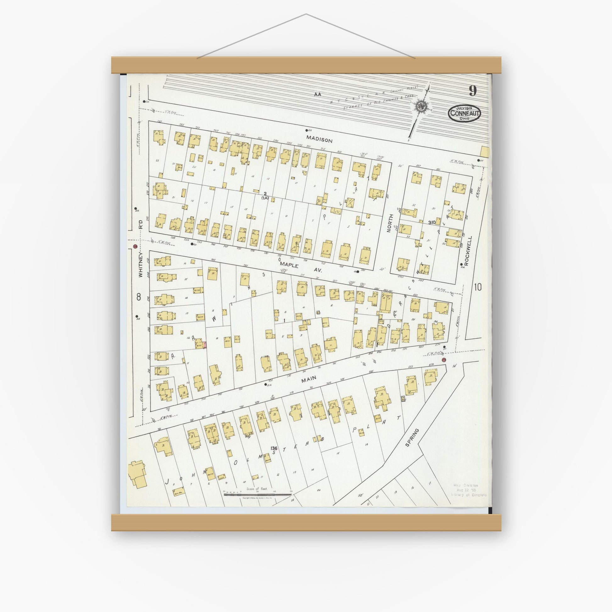 Old map wall art mockup — magnetic wood frame on white wall — Sanborn Fire Insurance Map from Conneaut, Ashtabula County, Ohio (1919), Sheet #0009