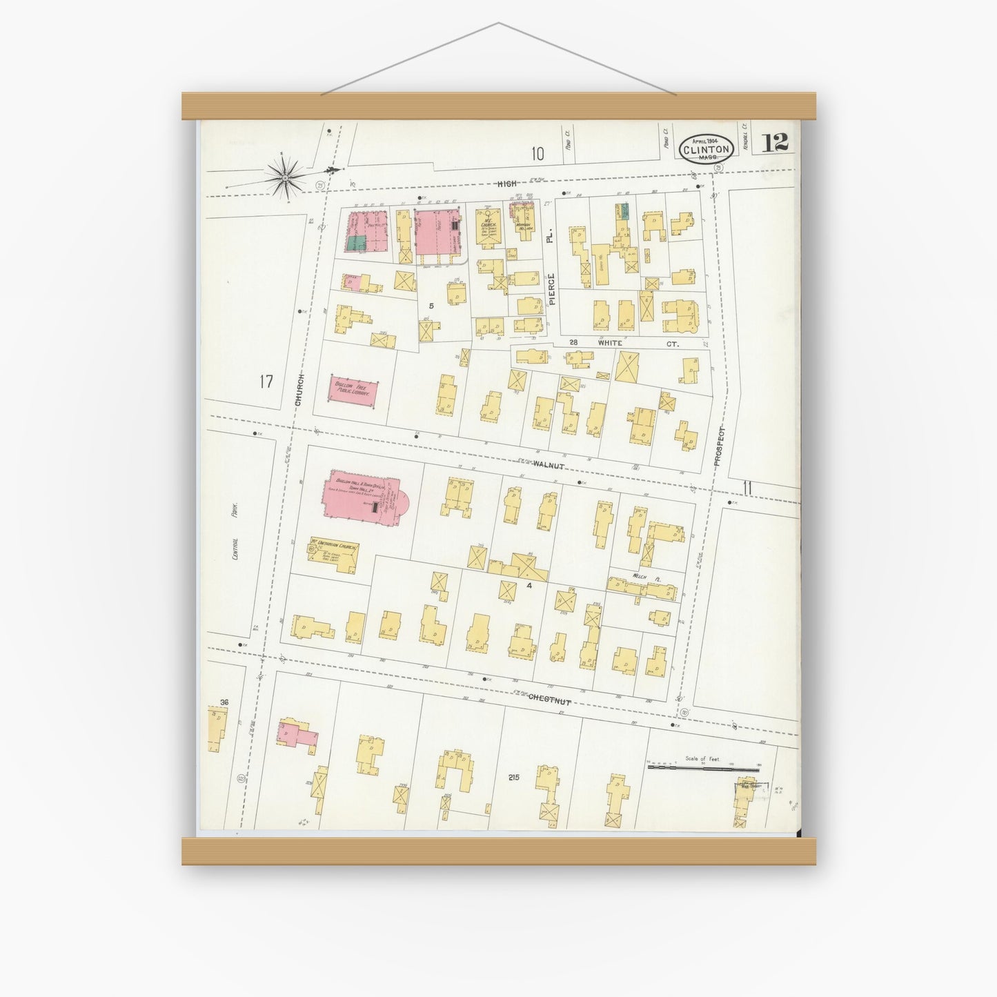 Old map wall art mockup — magnetic wood frame on white wall — Sanborn Fire Insurance Map from Clinton, Worcester County, Massachusetts (1904), Sheet #0012
