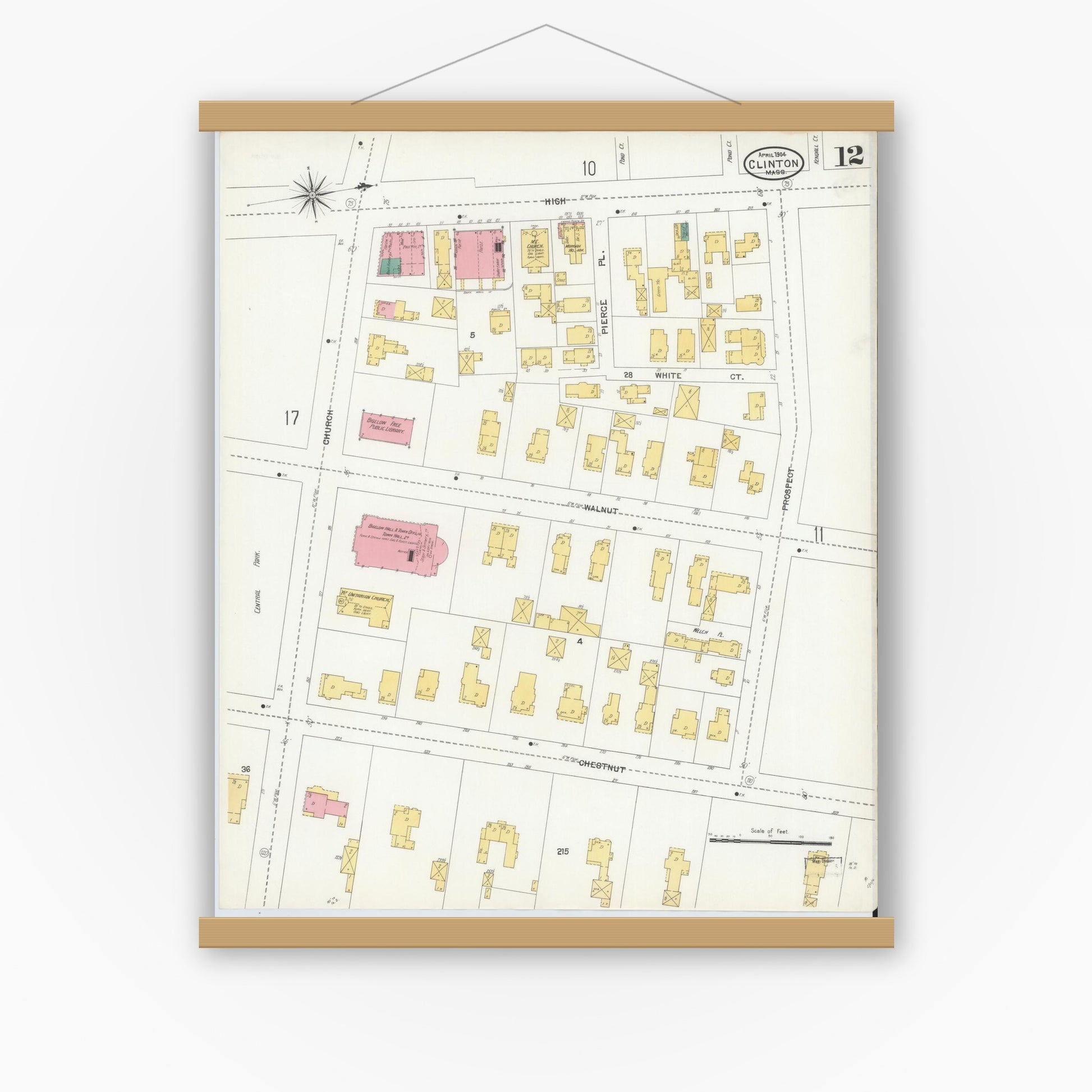 Old map wall art mockup — magnetic wood frame on white wall — Sanborn Fire Insurance Map from Clinton, Worcester County, Massachusetts (1904), Sheet #0012