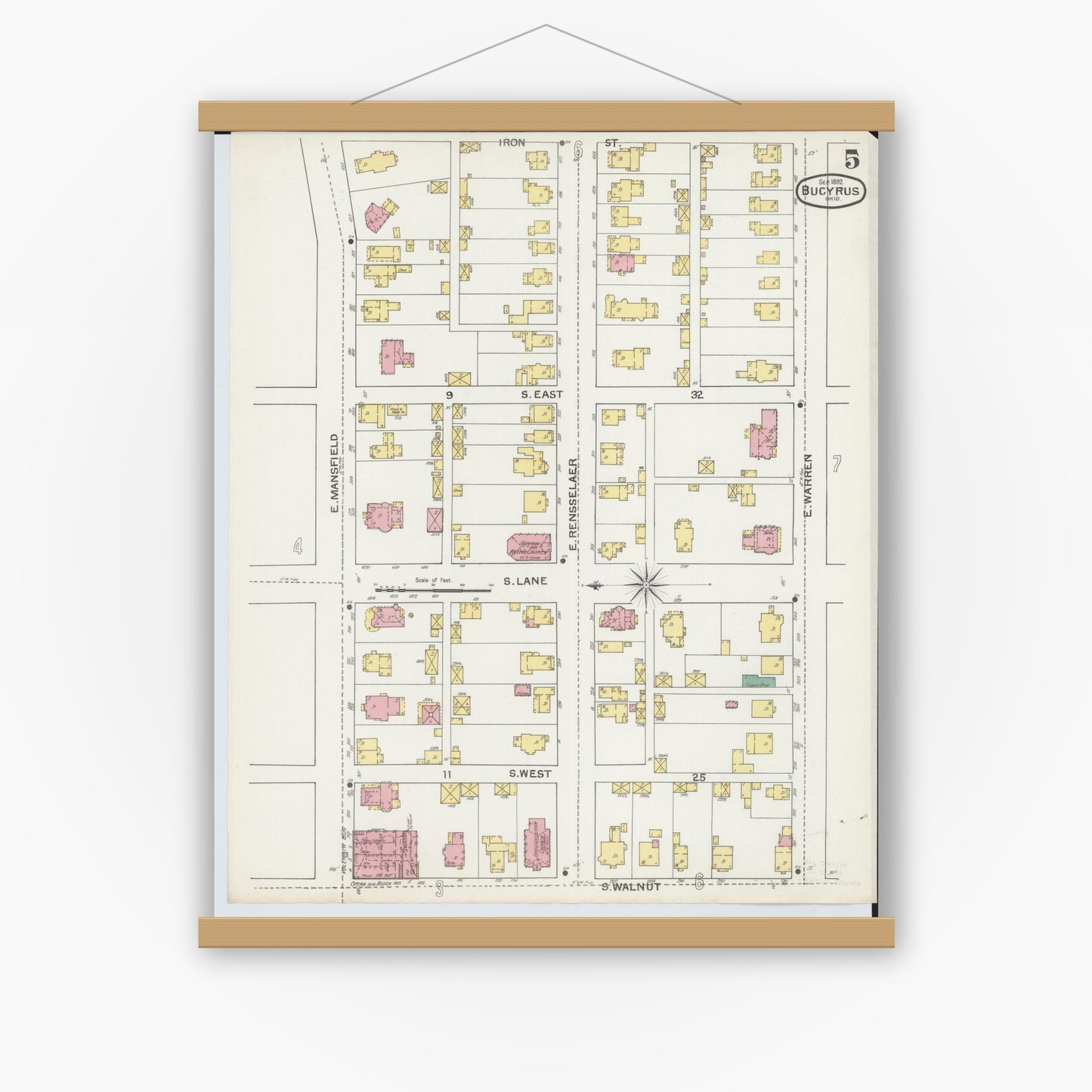 Old map wall art mockup — magnetic wood frame on white wall — Sanborn Fire Insurance Map from Bucyrus, Crawford County, Ohio (1892), Sheet #0005