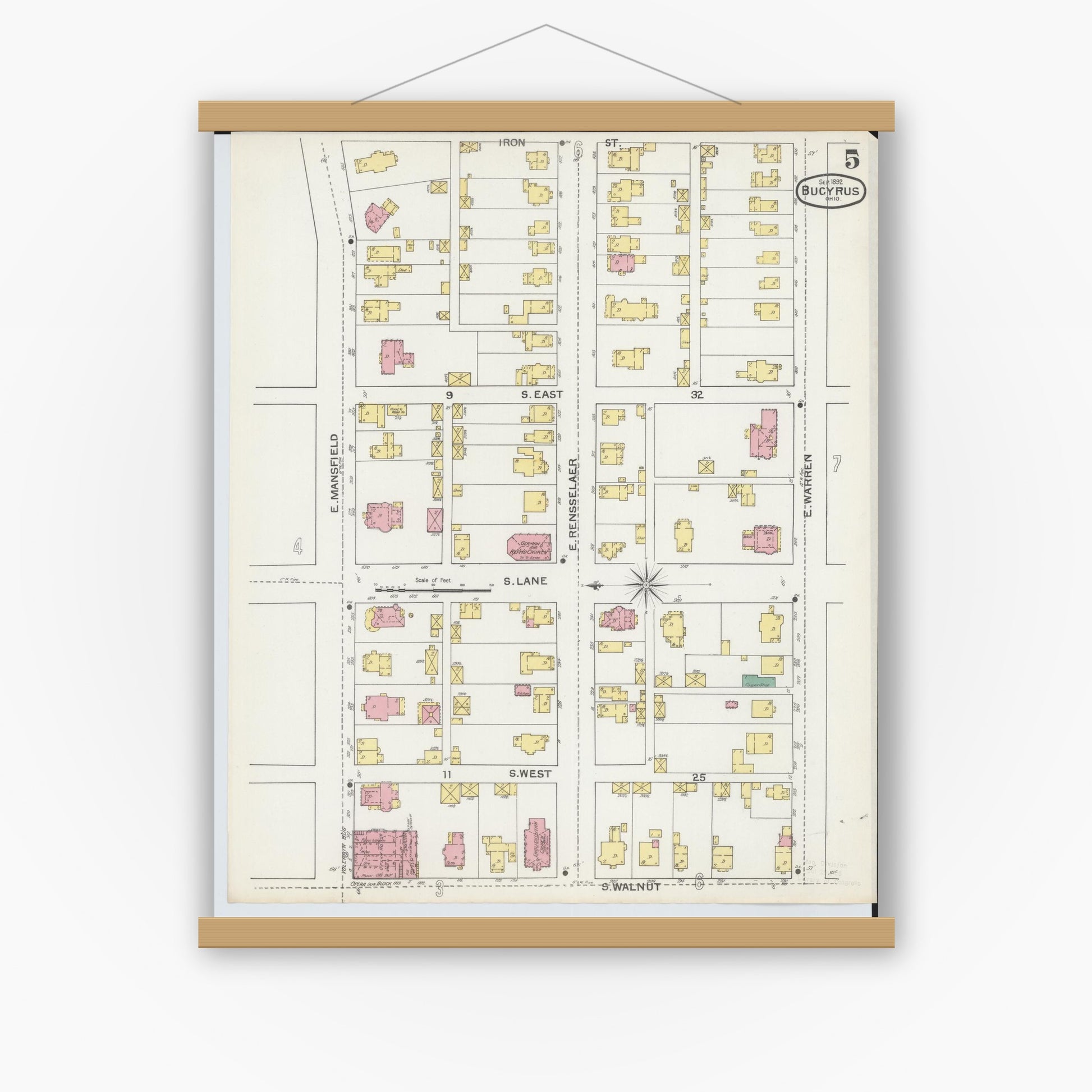 Old map wall art mockup — magnetic wood frame on white wall — Sanborn Fire Insurance Map from Bucyrus, Crawford County, Ohio (1892), Sheet #0005