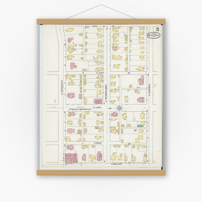 Old map wall art mockup — magnetic wood frame on white wall — Sanborn Fire Insurance Map from Bucyrus, Crawford County, Ohio (1892), Sheet #0005