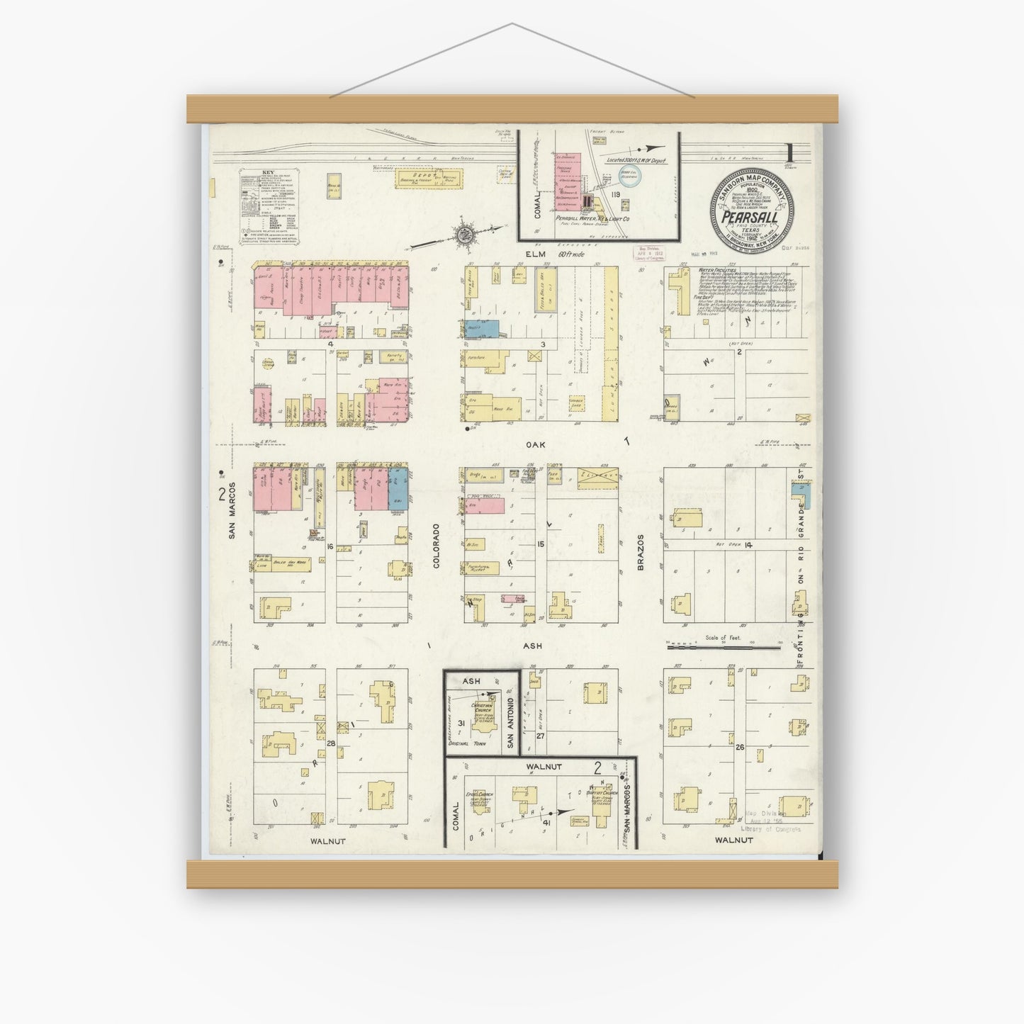 Old map wall art mockup — magnetic wood frame on white wall — Sanborn Fire Insurance Map from Pearsall, Frio County, Texas (1912) - Complete Map Set
