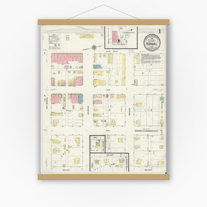 Old map wall art mockup — magnetic wood frame on white wall — Sanborn Fire Insurance Map from Pearsall, Frio County, Texas (1912) - Complete Map Set