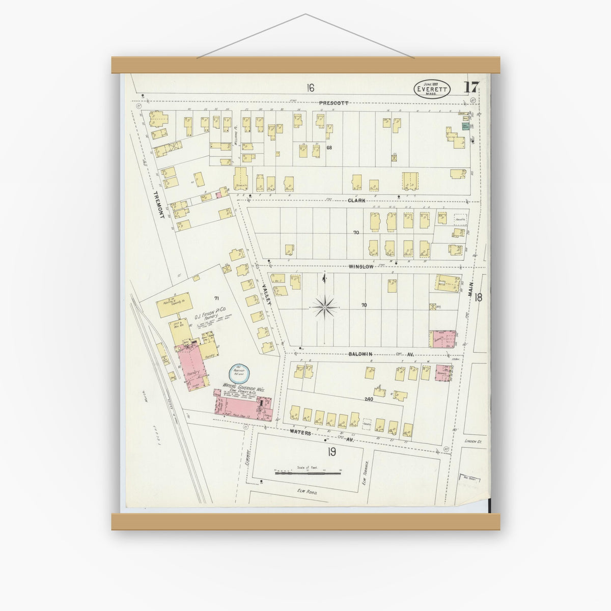 Old map wall art mockup — magnetic wood frame on white wall — Sanborn Fire Insurance Map from Everett, Middlesex County, Massachusetts (1897), Sheet #0017