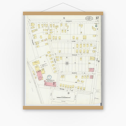 Old map wall art mockup — magnetic wood frame on white wall — Sanborn Fire Insurance Map from Everett, Middlesex County, Massachusetts (1897), Sheet #0017