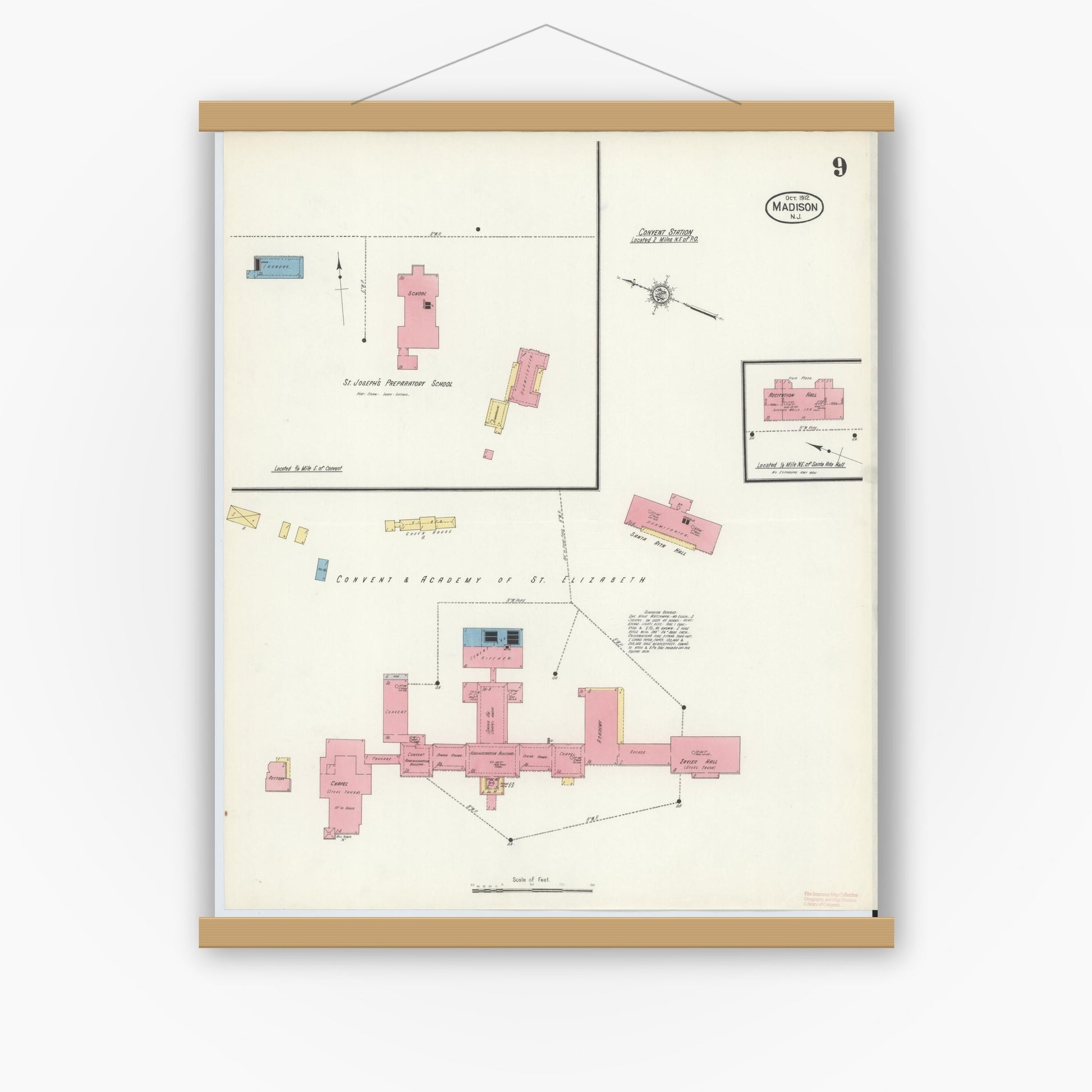 Old map wall art mockup — magnetic wood frame on white wall — Sanborn Fire Insurance Map from Madison, Morris County, New Jersey (1912), Sheet #0009