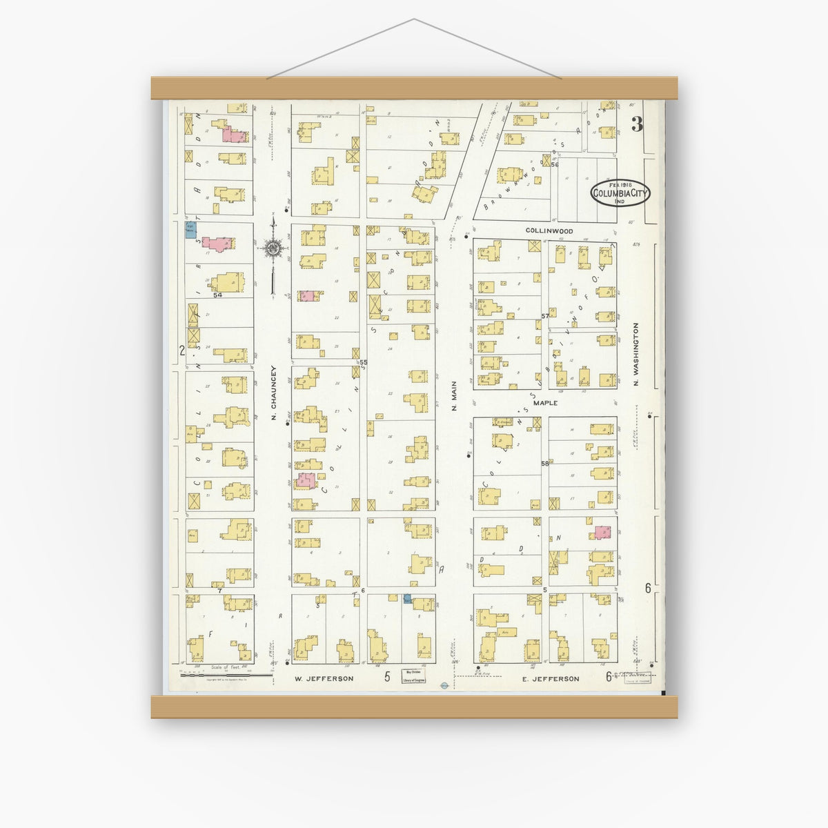 Old map wall art mockup — magnetic wood frame on white wall — Sanborn Fire Insurance Map from Columbia City, Whitley County, Indiana (1918), Sheet #0003