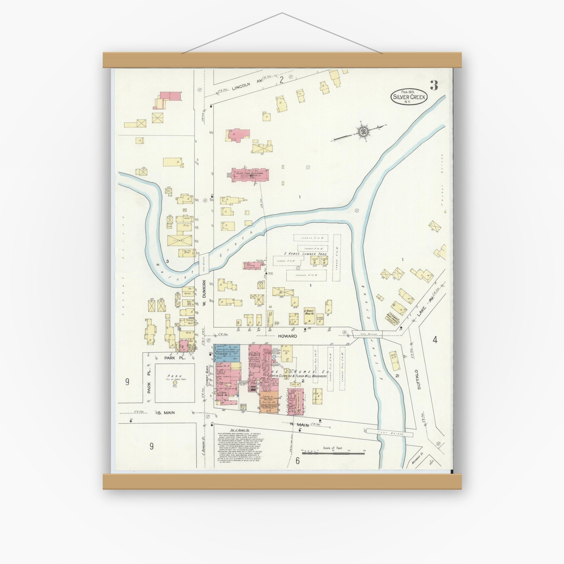 Old map wall art mockup — magnetic wood frame on white wall — Sanborn Fire Insurance Map from Silver Creek, Chautauqua County, New York (1913), Sheet #0003