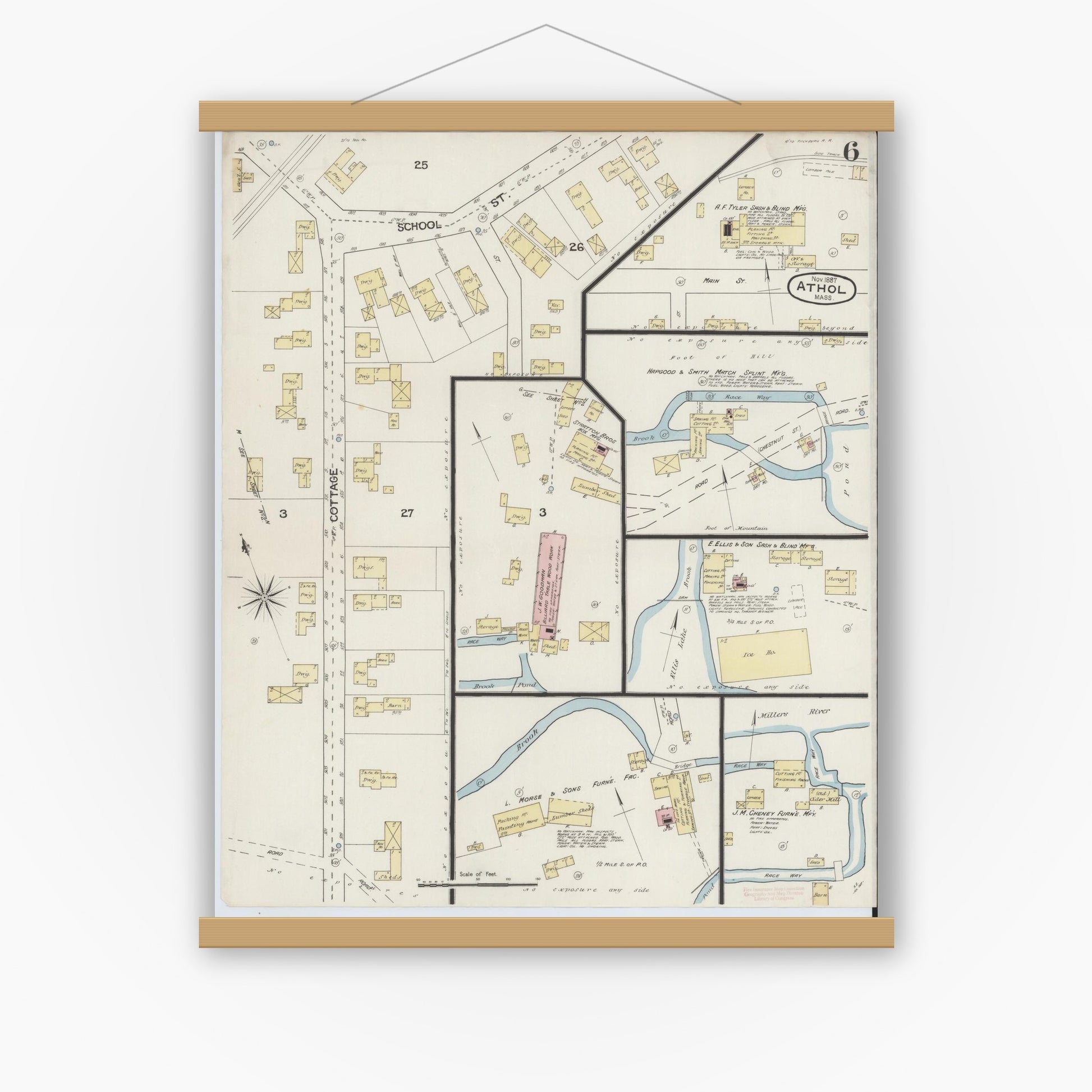 Old map wall art mockup — magnetic wood frame on white wall — Sanborn Fire Insurance Map from Athol, Worcester County, Massachusetts (1887), Sheet #0006