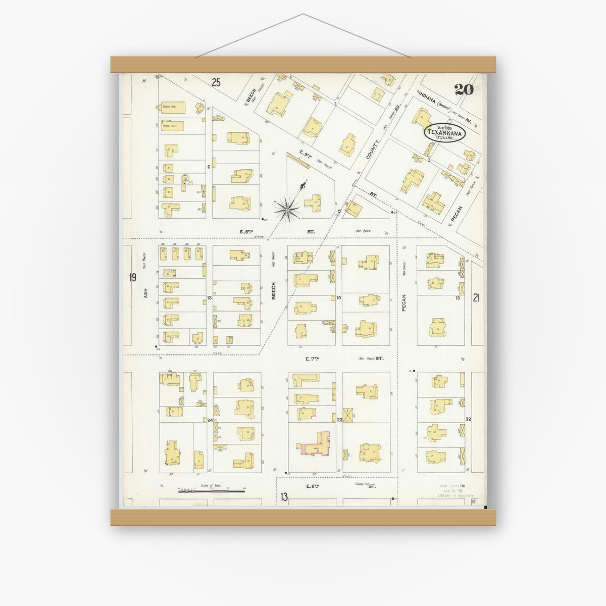 Old map wall art mockup — magnetic wood frame on white wall — Sanborn Fire Insurance Map from Texarkana, Bowie County, Texas (1905), Sheet #0020