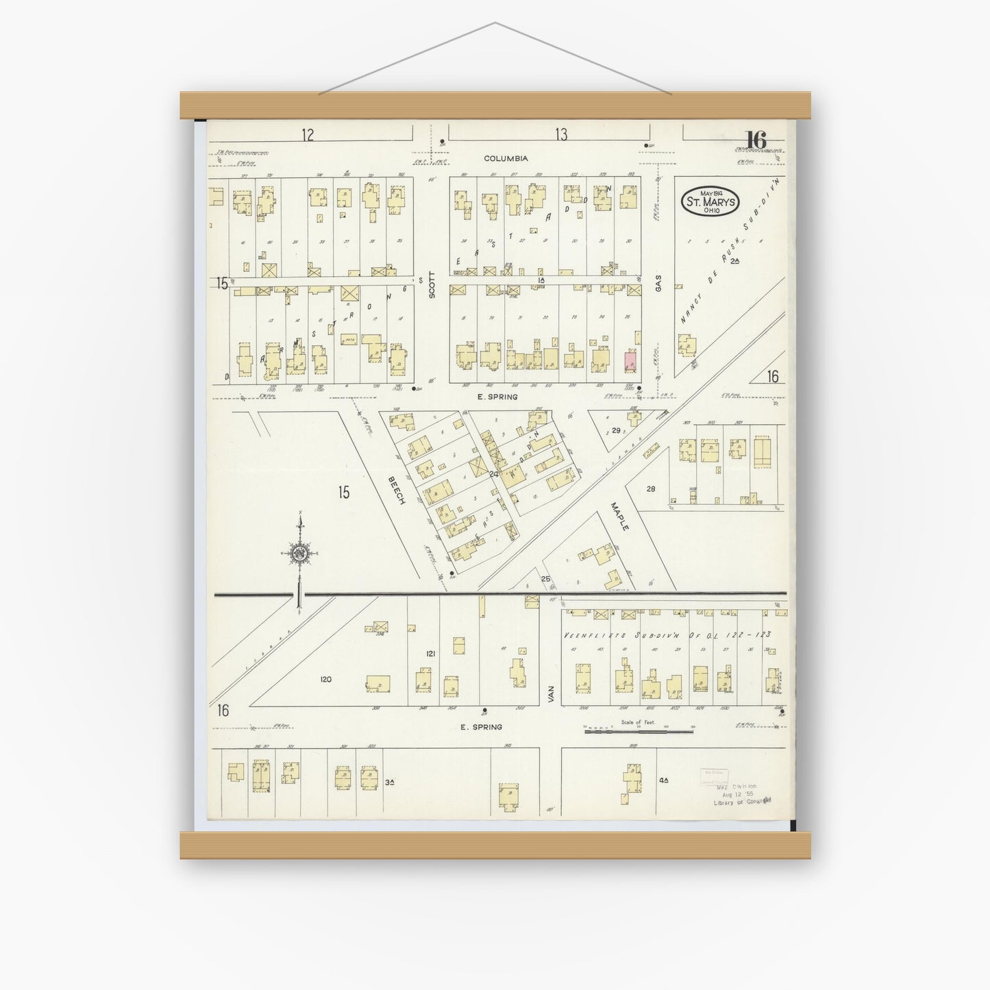 Old map wall art mockup — magnetic wood frame on white wall — Sanborn Fire Insurance Map from Saint Marys, Auglaize County, Ohio (1914), Sheet #0016