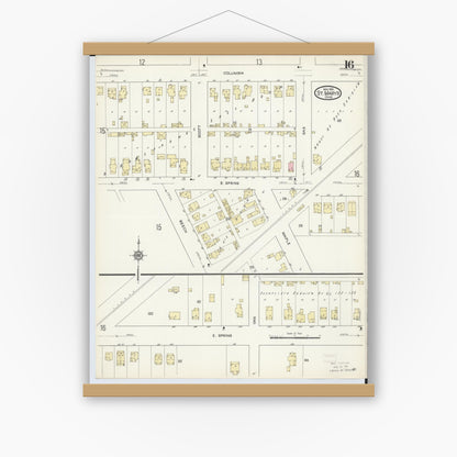 Old map wall art mockup — magnetic wood frame on white wall — Sanborn Fire Insurance Map from Saint Marys, Auglaize County, Ohio (1914), Sheet #0016