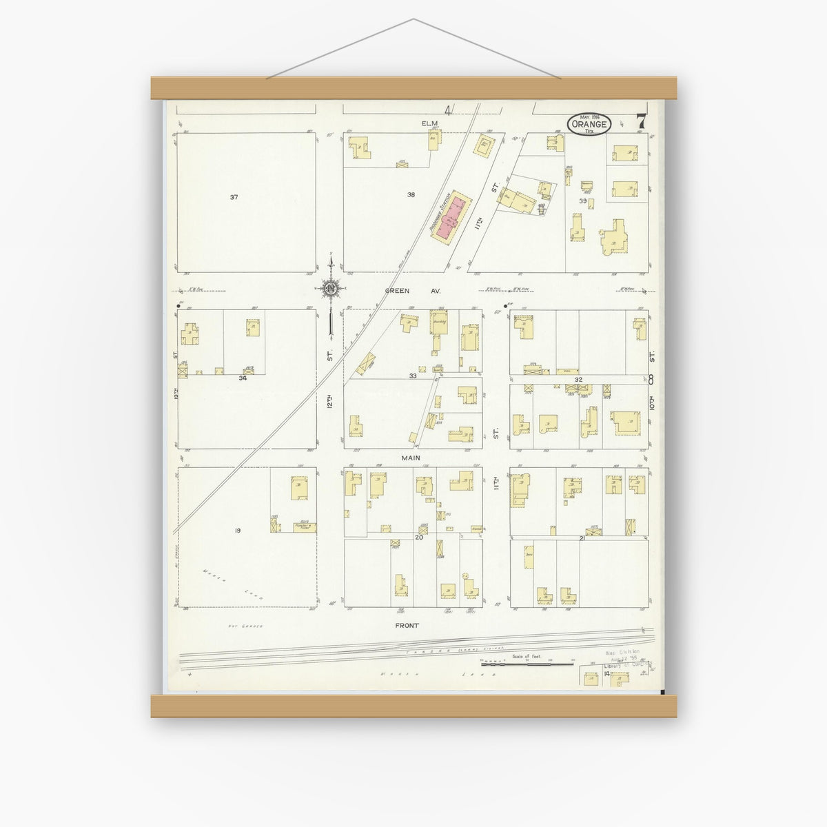 Old map wall art mockup — magnetic wood frame on white wall — Sanborn Fire Insurance Map from Orange, Orange County, Texas (1914), Sheet #0007