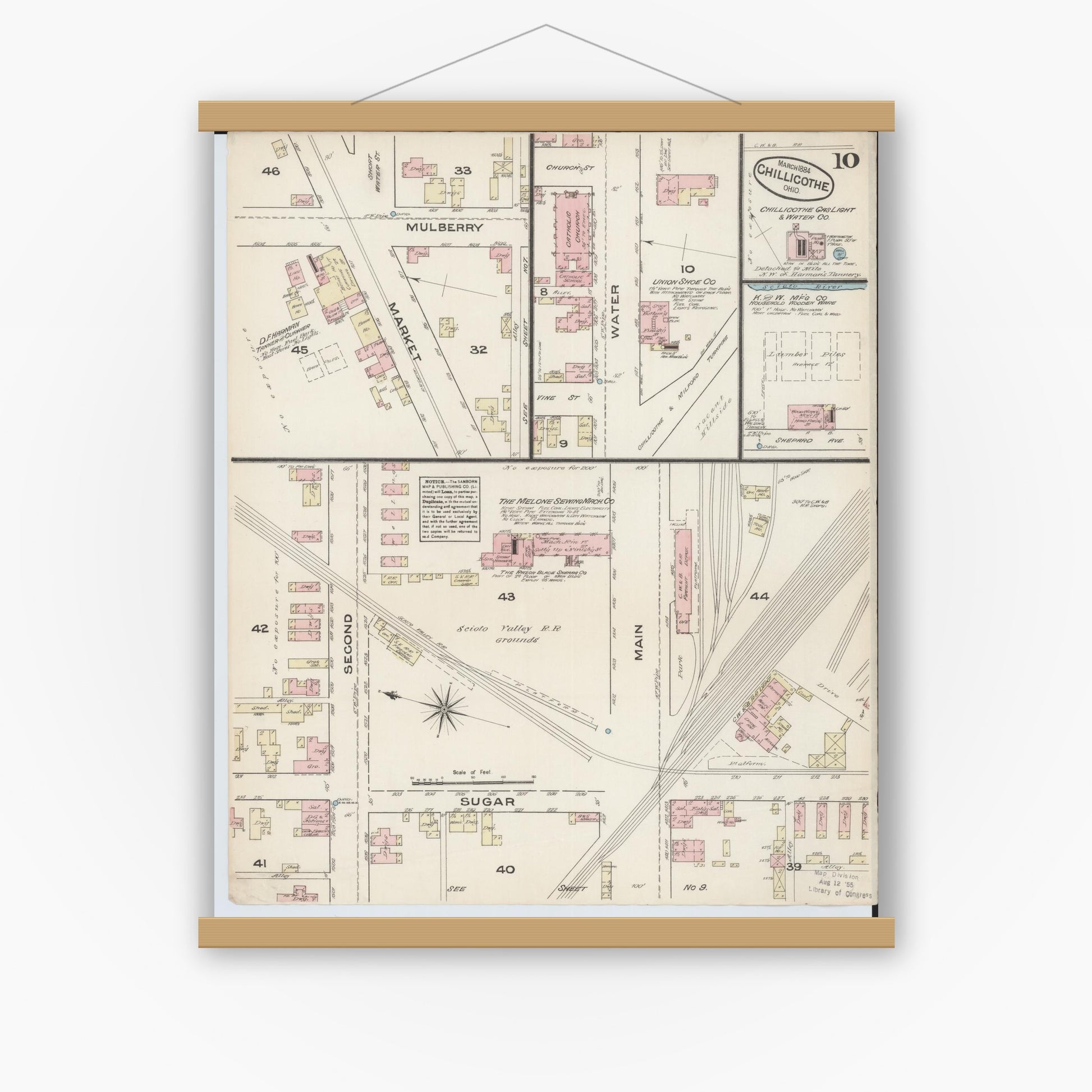Old map wall art mockup — magnetic wood frame on white wall — Sanborn Fire Insurance Map from Chillicothe, Ross County, Ohio (1884), Sheet #0010