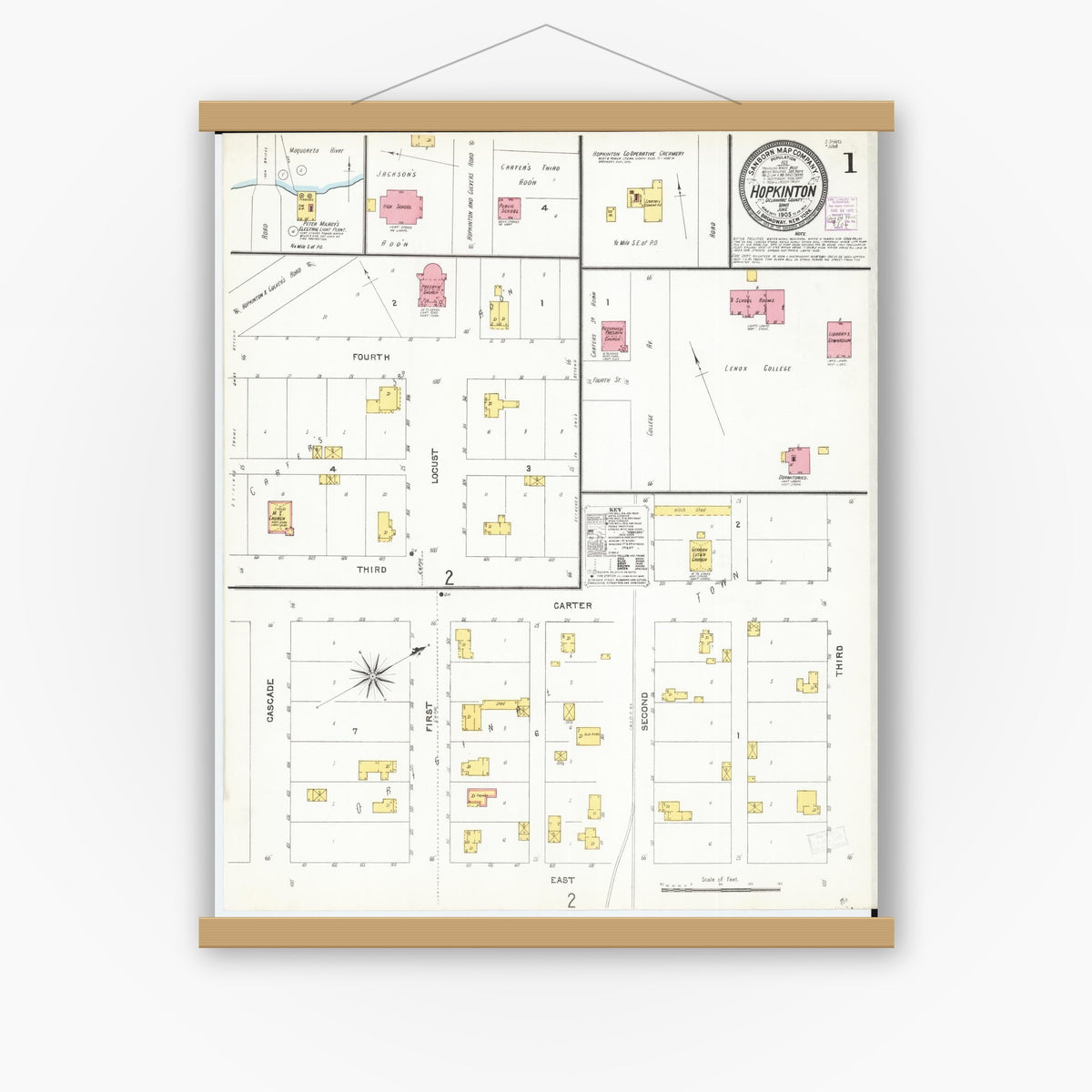 Old map wall art mockup — magnetic wood frame on white wall — Sanborn Fire Insurance Map from Hopkinton, Delaware County, Iowa (1905) â€” Complete Set