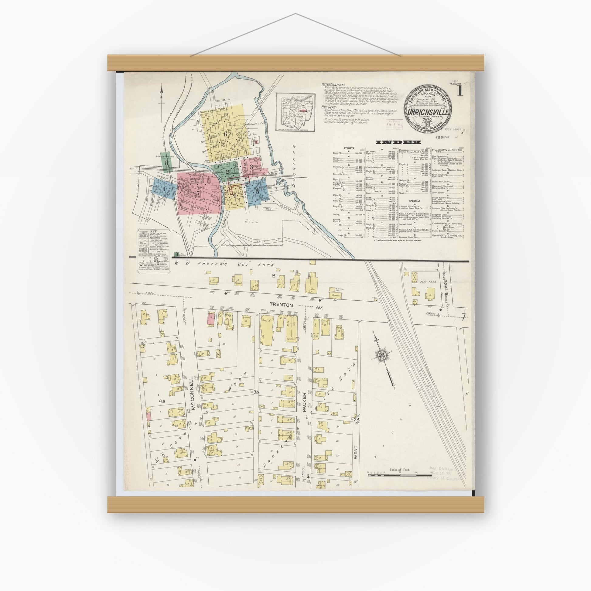 Old map wall art mockup — magnetic wood frame on white wall — Sanborn Fire Insurance Map from Uhrichsville, Tuscarawas County, Ohio (1915), Sheet #0001
