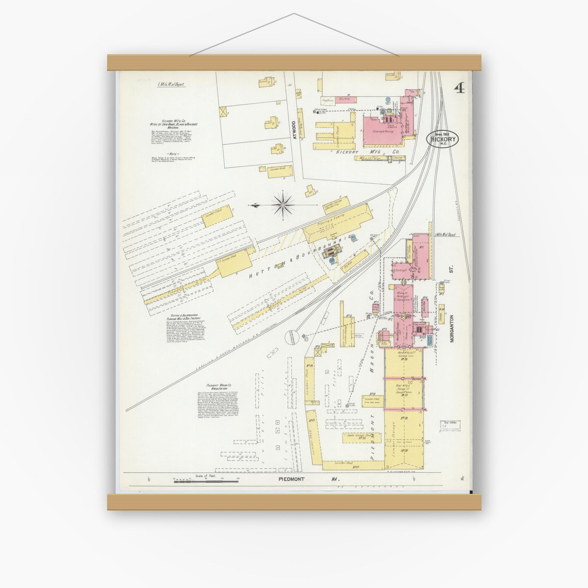 Old map wall art mockup — magnetic wood frame on white wall — Sanborn Fire Insurance Map from Hickory, Catawba County, North Carolina (1902), Sheet #0004
