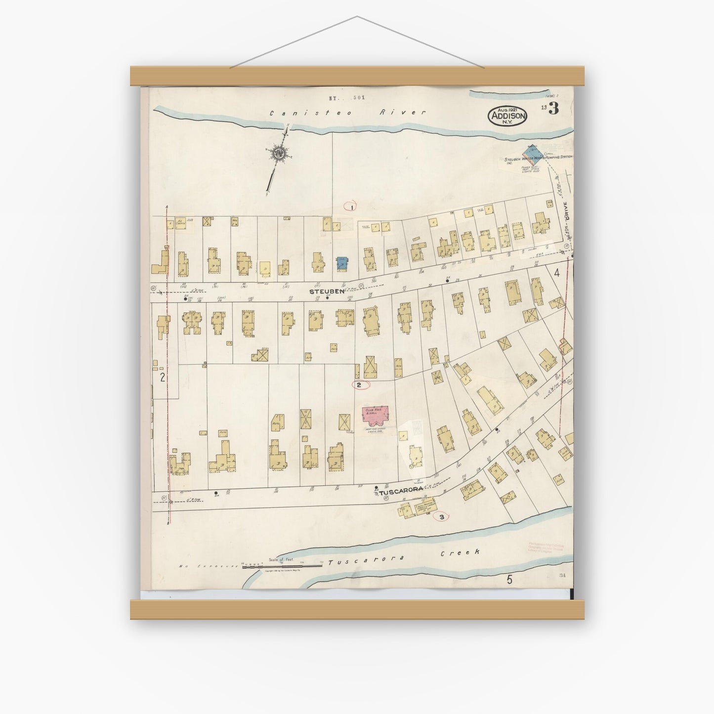 Old map wall art mockup — magnetic wood frame on white wall — Sanborn Fire Insurance Map from Addison, Steuben County, New York (1945), Sheet #0003