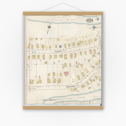 Old map wall art mockup — magnetic wood frame on white wall — Sanborn Fire Insurance Map from Addison, Steuben County, New York (1945), Sheet #0003